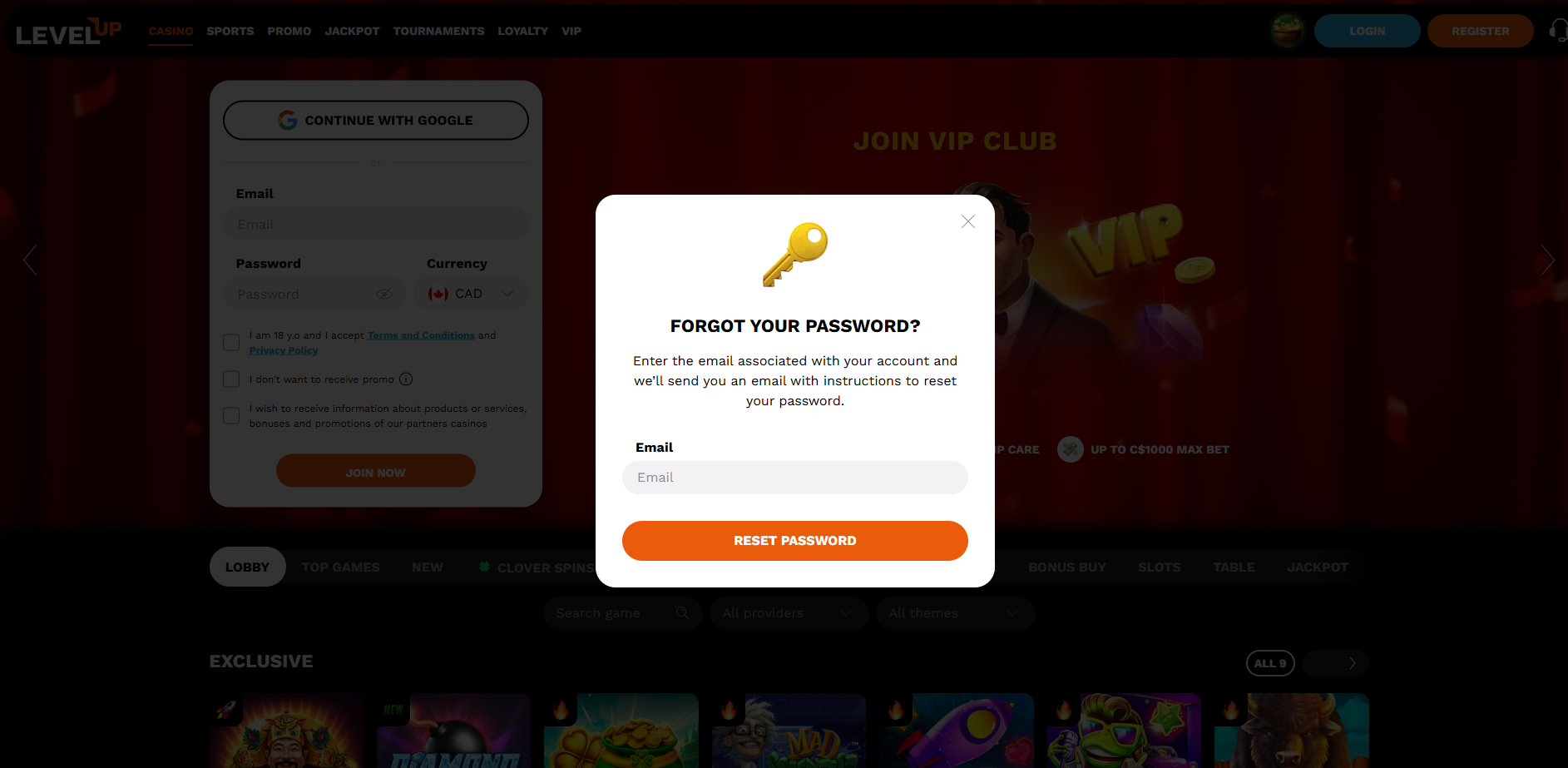 LevelUp Casino Reset Password