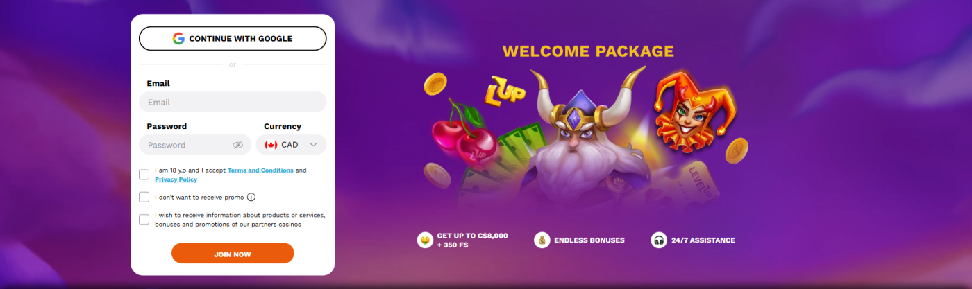 LevelUp Casino banner Welcome package